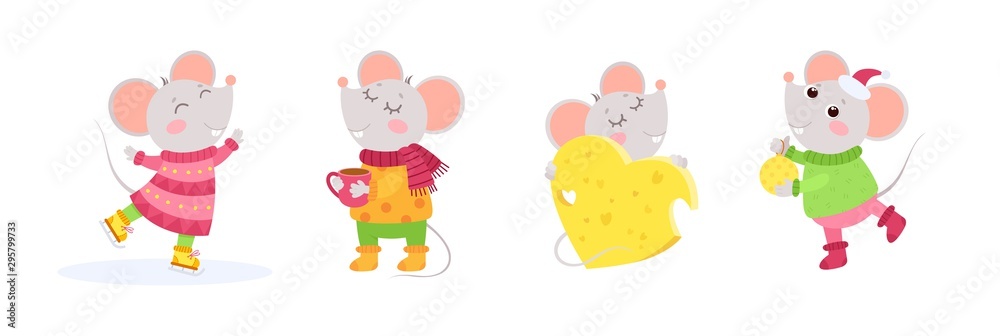 New Year 2020 flat vector characters set. Little mice winter characters. Chinese calendar zodiac sign. New Year 2020 flat vector characters set. Little mice winter characters. Chinese calendar zodiac sign.