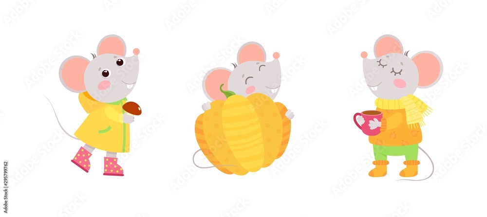 Little mice autumn characters. Autumn holiday postcard, greeting card design. Flat vector characters illustration set. Little mice autumn characters. Autumn holiday postcard, greeting card design. Flat vector characters illustration set.