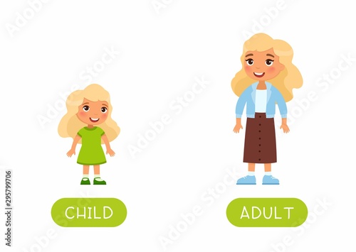 Foreign language educational flash card vector template. Word card for english learning. Opposites, age concept, adult and child. Grown up woman and little girl flat illustration with typography