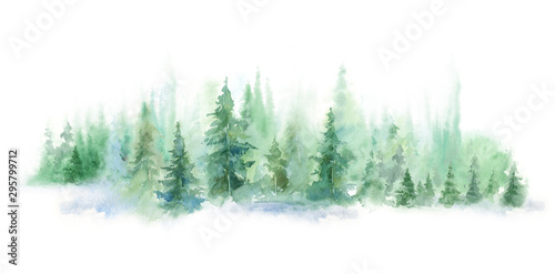 Green landscape of foggy forest, winter hill. Wild nature, frozen, misty, taiga. watercolor horizontal background