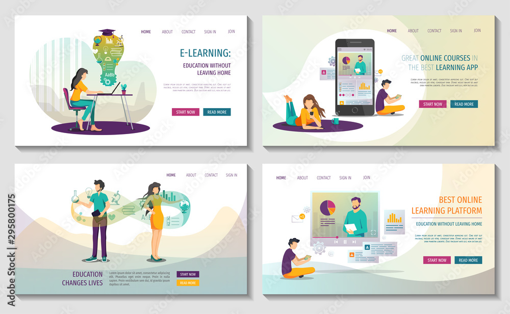 Set of Web pages for Online courses and trainings, Webinar, Distance education, E-learning, Knowledge, Mobile learning App. Vector illustration for poster, banner, presentation and website.