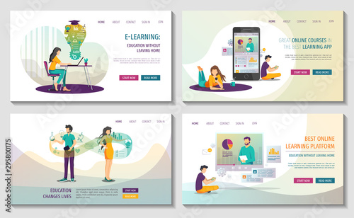 Set of Web pages for Online courses and trainings, Webinar, Distance education, E-learning, Knowledge, Mobile learning App. Vector illustration for poster, banner, presentation and website.
