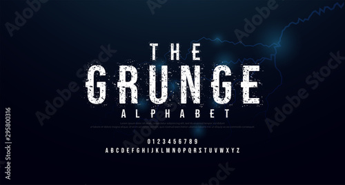 Horror scary movie alphabet font. Typography grunge design for halloween logo game fonts and number with strom strike lightning thunderbolt background. vector illustration