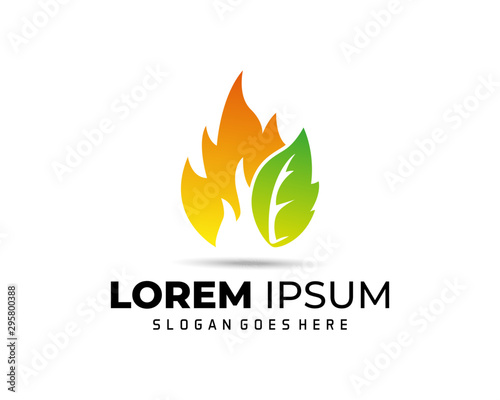 Eco Green Alternative Energy Logo design vector template. Leaf with Fire shape Logotype concept icon.