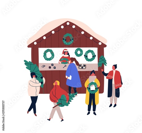 Xmas decorations kiosk flat vector illustration. Saleswoman and customers cartoon characters. Christmas fair, seasonal street market design element. People buying fir trees and festive wreaths.