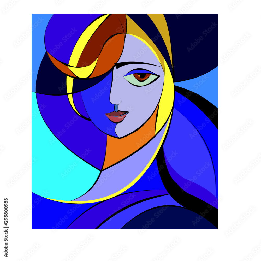 Colorful abstract background, cubism art style, woman in blue Stock
