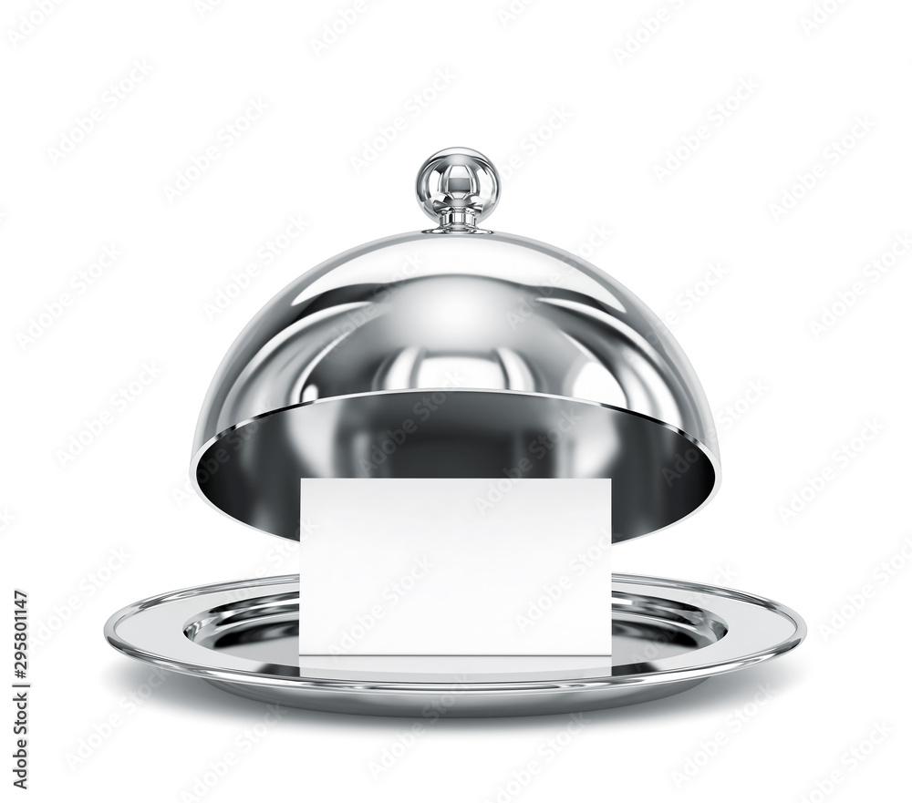 Open restaurant cloche with blank paper 