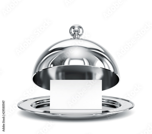 Open restaurant cloche with blank paper template isolated on white. Clipping path included