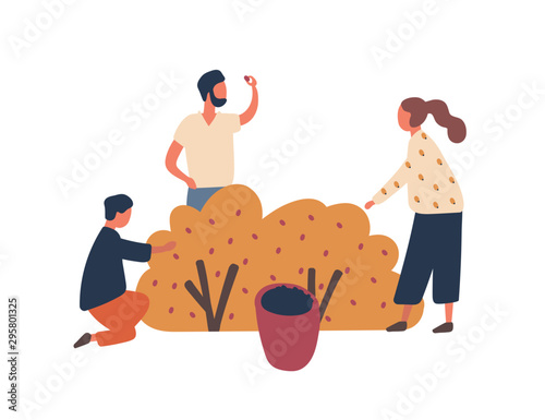 Family collecting berries flat vector illustration