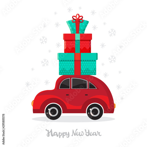Car with gifts on a winter background. Christmas car toys with gift boxes of vector cartoon. Flat design vector festive holiday design element. Christmas and new year shopping.
