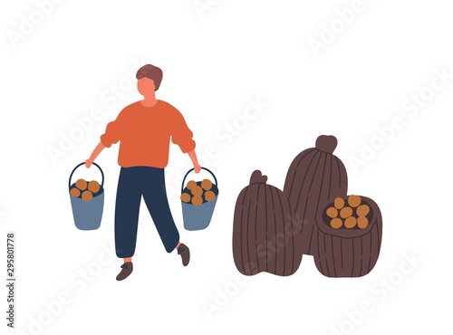 Farmer harvesting potatoes flat vector illustration