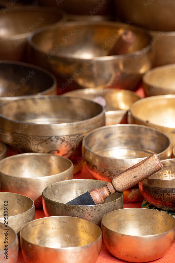 Alcalá de henares, Madrid / Spain. 10.13.2019. Sale and exhibition of Tibetan bowls Alcalá de henares, Madrid / Spain. 10.13.2019. Sale and exhibition of Tibetan bowls