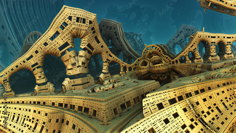 Abstract background, fantastic 3D gold structures, fictional background.