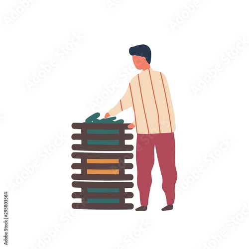 Man stacking vegetables crates flat vector illustration