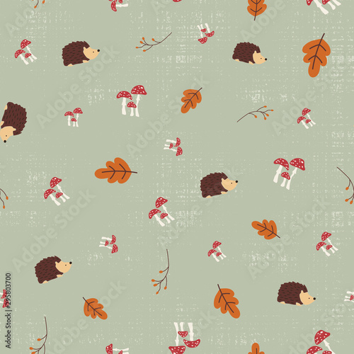 Hedgehog mushrooms woodland autumn seamless vector pattern. Scandinavian fall design. Kids nature background. Use for textile fabric print, digital scrapbooking paper, packaging, kids fashion