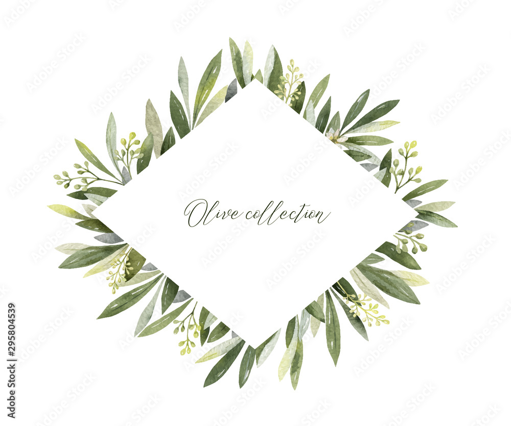 Watercolor vector frame of olive branches and flowers.