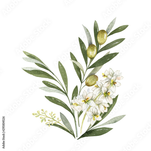 Watercolor vector bouquet of olive branches and flowers.