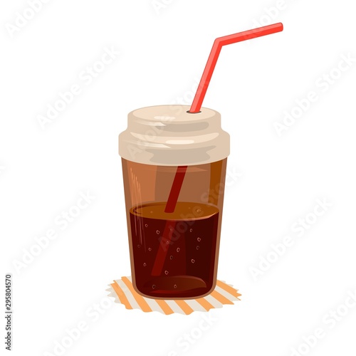 Cola or coke beverage in closed cup with straw on napkin. Sweet carbonated soft brown drink. Cool lemonade for summertime. Fast food. Cartoon vector illustration isolated on white background.