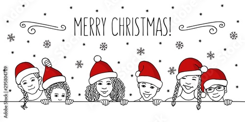 Slika na platnu Merry Christmas! - Hand drawn ink illustration of diverse children with santa ha