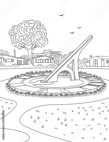 Hand drawn ink illustration of the Urbano Sundial at Ingleside Terraces in San Francisco