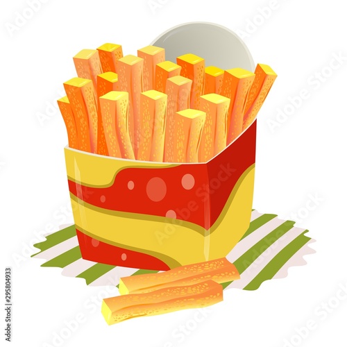 Appetizing, crispy, salty french fries in paper cup. Hot potato finger chips in disposable packing on napkin. Fast street food for snack. Cartoon vector illustration isolated on white background.