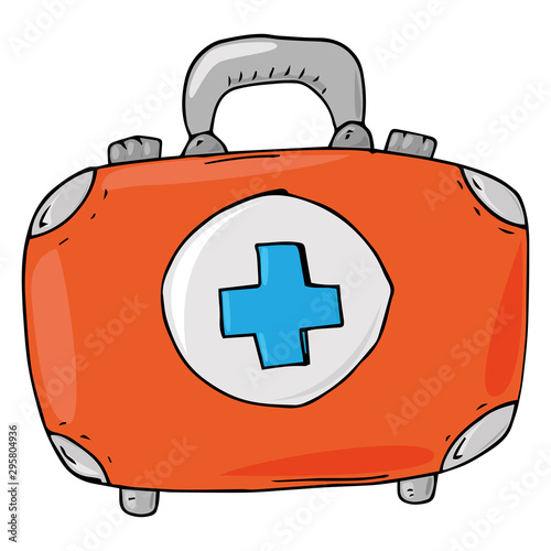 Medical suitcase icon. Vector illustration of a suitcase with medical equipment. Hand drawn medical equipment in a suitcase with an emblem.