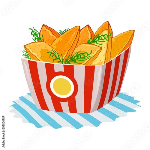 Delicious fried potato wedges garnished with greenery in big paper cup. Hot baked pies in disposable packing on napkin. Fast food. Cartoon vector illustration isolated on white background.