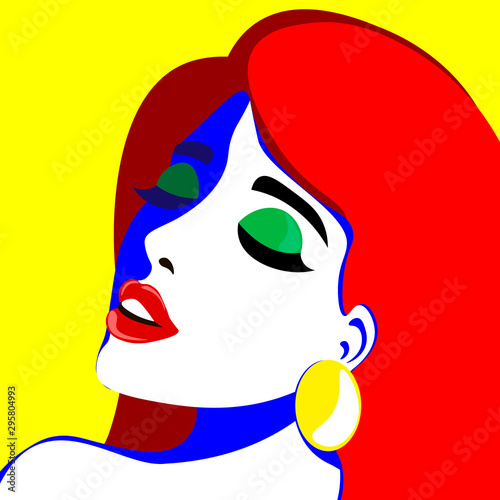 Young woman model in profile in pop art style. Sexy girl for advertising with bright hair