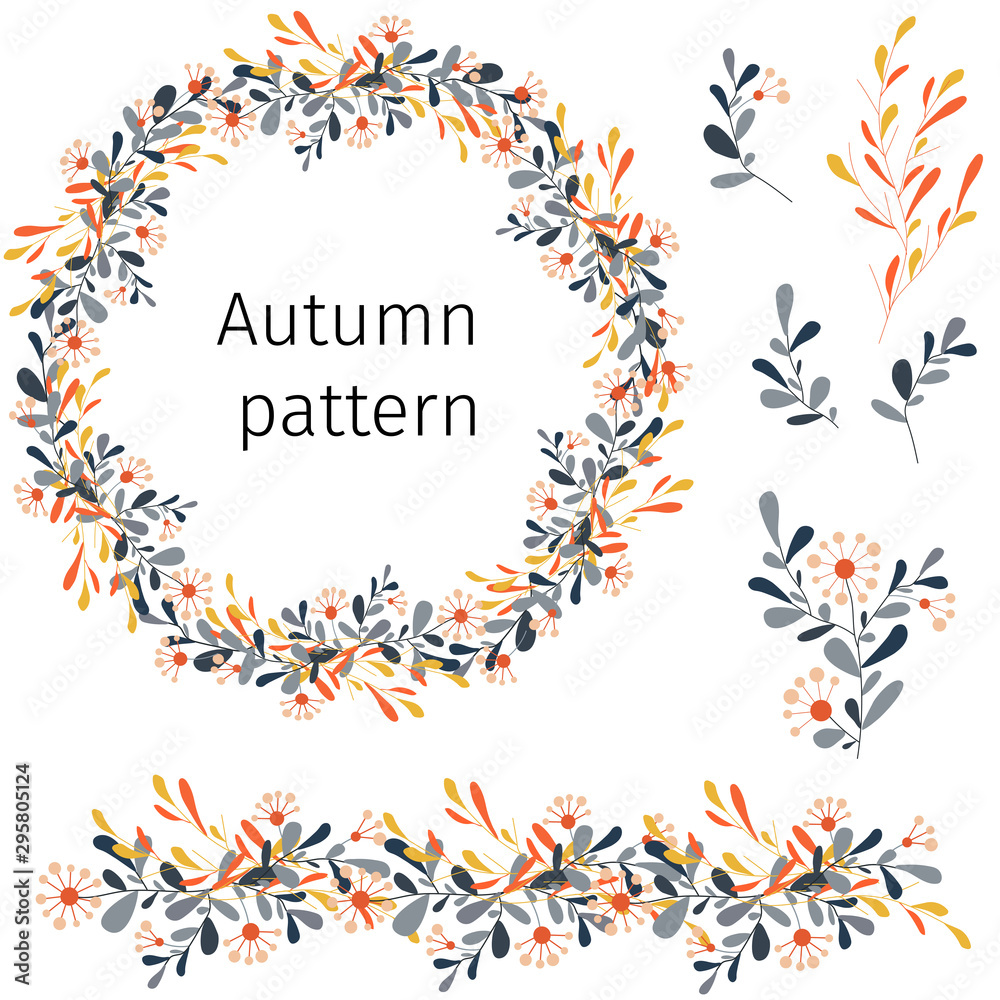 Autumn floral wreath. Set of autumn elements from branches and leaves on a white background. Autumn pattern, vector brush. Autumn floral wreath. Set of autumn elements from branches and leaves on a white background. Autumn pattern, vector brush.