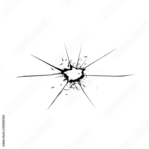 Crime circle break crystal pane isolated on white backdrop. Freehand outline black ink hand drawn.