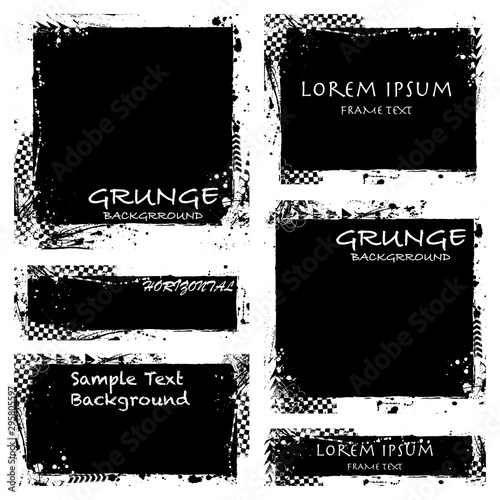 Black grunge frames race elements with tire tracks isolated on white background