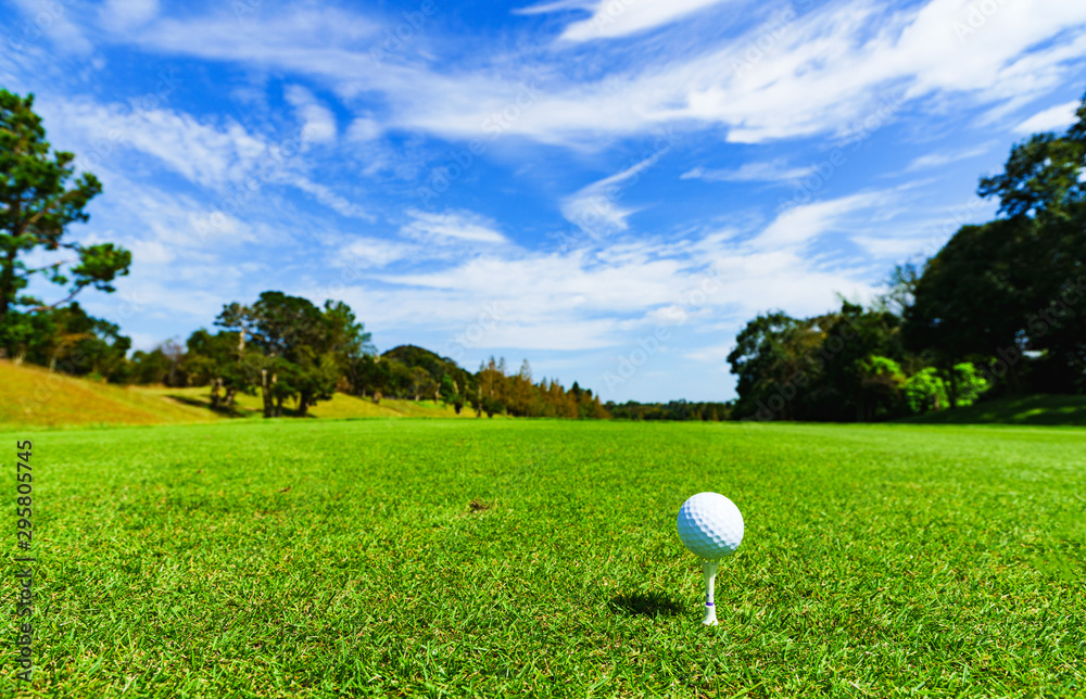 ゴルフ ゴルフボール ボール ティーアップ フェアウェイ ラウンド 青空 ティーショット スタート Stock Photo Adobe Stock