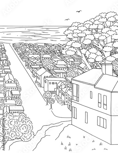 Hand drawn ink illustration of a house on a hill with view towards the ocean, Inner Parkside, San Francisco