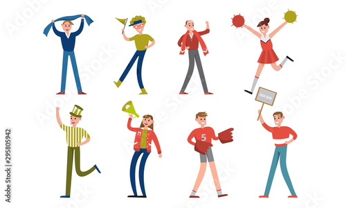 Sports Fans Characters Supporting Teams With Equipment Vector Illustration Set Isolated On White Background