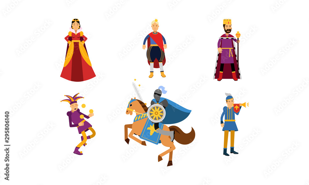 Medieval Cartoon Characters Of A Queen, A King, A Prince, A Jester, A Knight On Horseback And A Herald In Vector Illustration Set