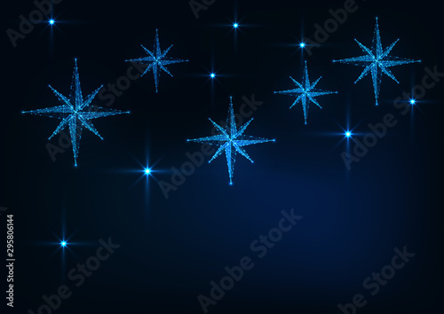 Starry sky with glowing nativity stars web banner template for Christmas on dark blue background.