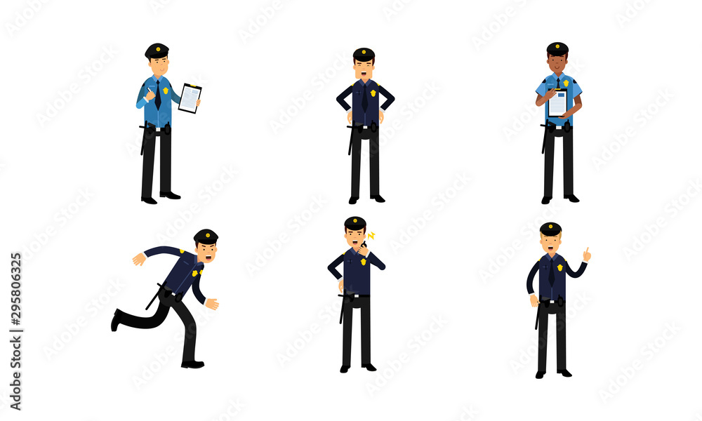 Set Of Policeman Characters In Different Actions Vector Illustrations Isolated On White Background