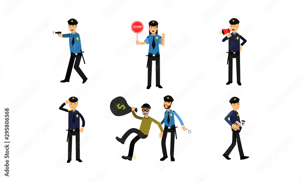 Policeman Characters In Variuos Daily Actions Vector Illustration Set Isolated On White Background