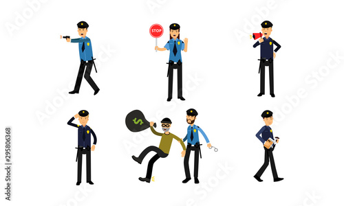 Policeman Characters In Variuos Daily Actions Vector Illustration Set Isolated On White Background