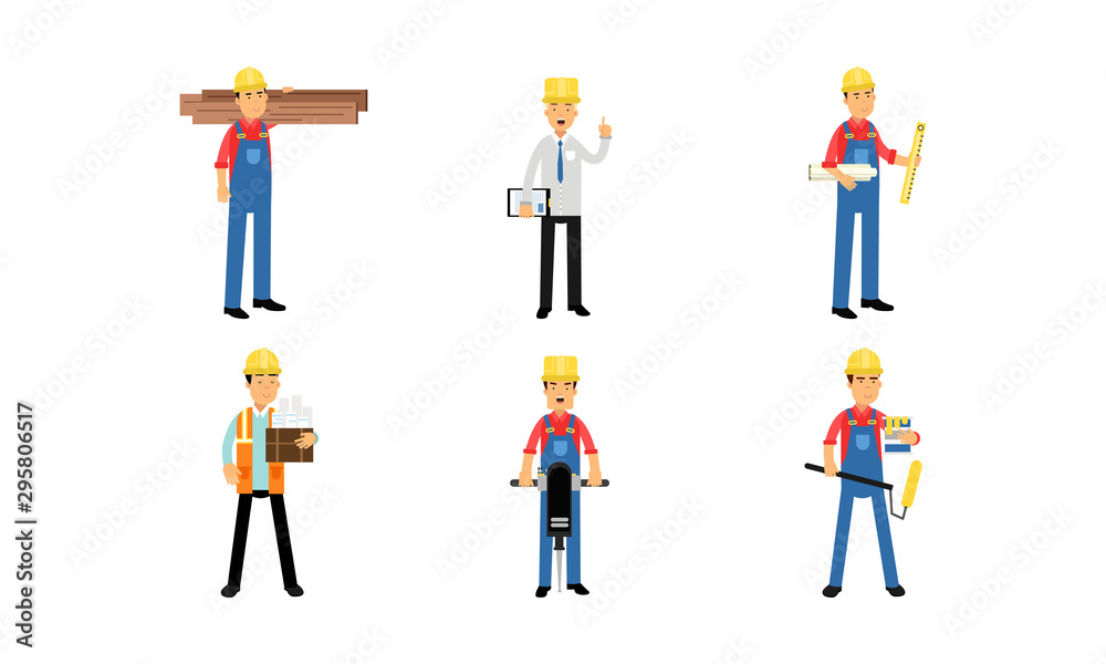 Builders Or Engineers With Equipment Vector Illustration Set Isolated On White Background