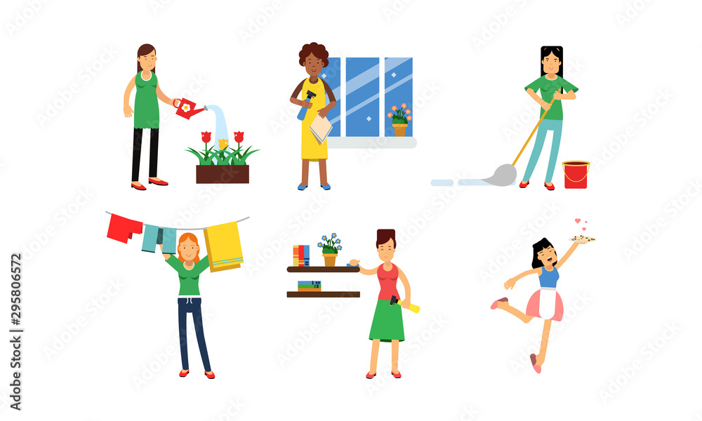 Cartoon Housewife Characters In Daily Work At Home Vector Illustration Set Isolated On White Background