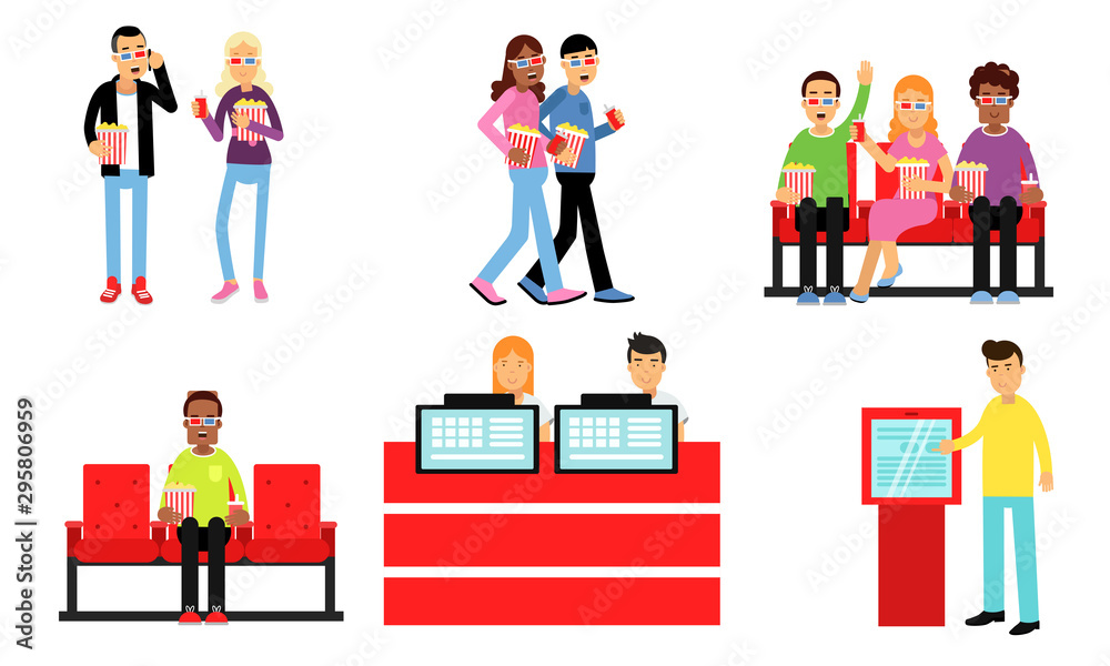Men And Women Characters Going To The Movie With Friends Vector Illustration Set Isolated On White Background