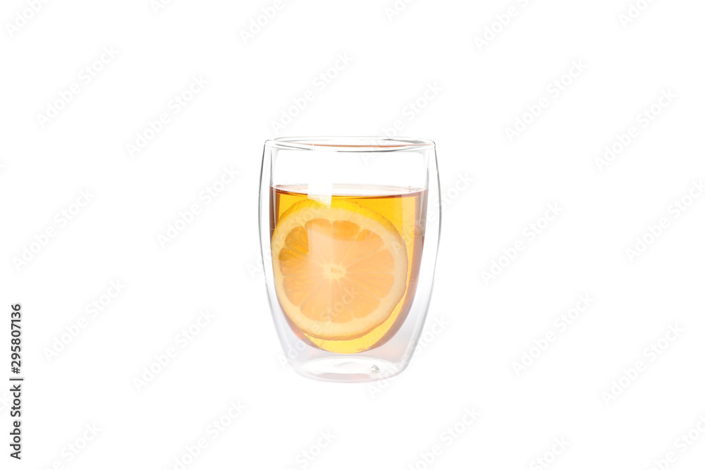 Glass with lemon slice and tea isolated on white background Glass with lemon slice and tea isolated on white background