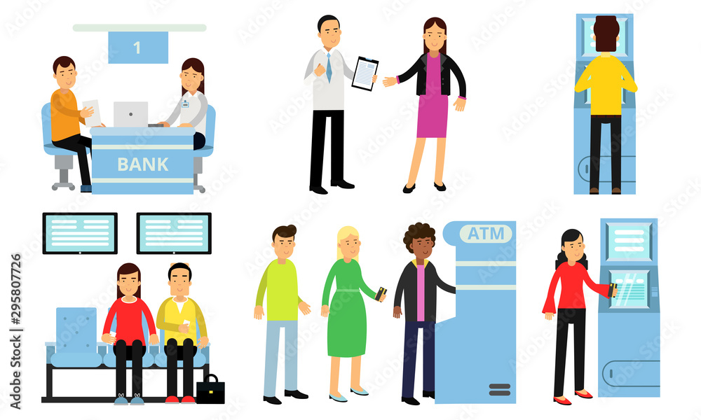 Different people in the bank. Vector illustration.