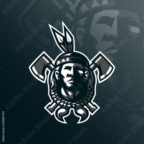 indian tribe mascot logo design vector with modern illustration concept style for badge, emblem and tshirt printing. tribe illustration with an ax at the back.