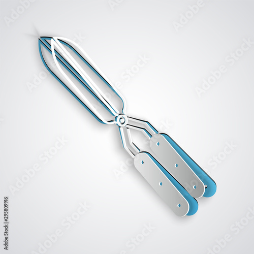 Paper cut Gardening handmade scissors for trimming icon isolated on grey background. Pruning shears with wooden handles. Paper art style. Vector Illustration photo