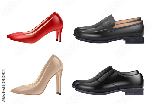 Shoes realistic. Man and woman evening elegant classical shoes vector illustrations isolated. Fashion footwear and shoes beauty model