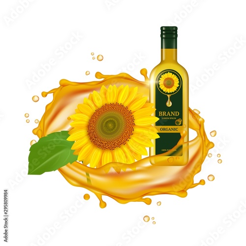 Realistic sunflower oil. Vector oil drops and yellow flower with green leaf. Glass bottle and sunflower. Drop oil sunflower, wave organic illustration