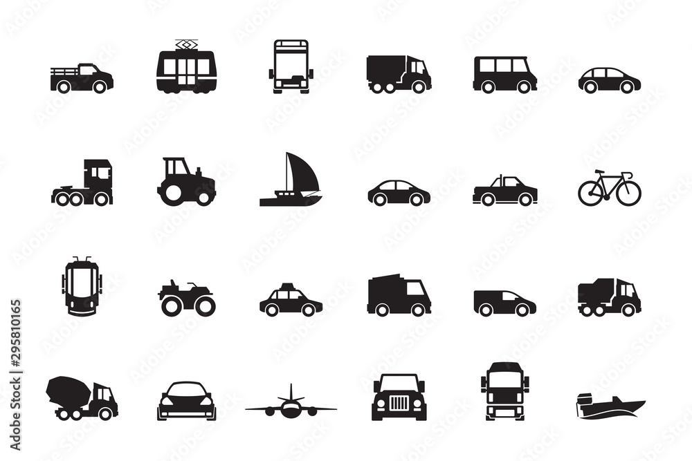 Transport silhouette. Airplanes ship car train vehicle logistic icons vector transporting symbols. Ship and vehicle transportation, car and public transport illustration Transport silhouette. Airplanes ship car train vehicle logistic icons vector transporting symbols. Ship and vehicle transportation, car and public transport illustration