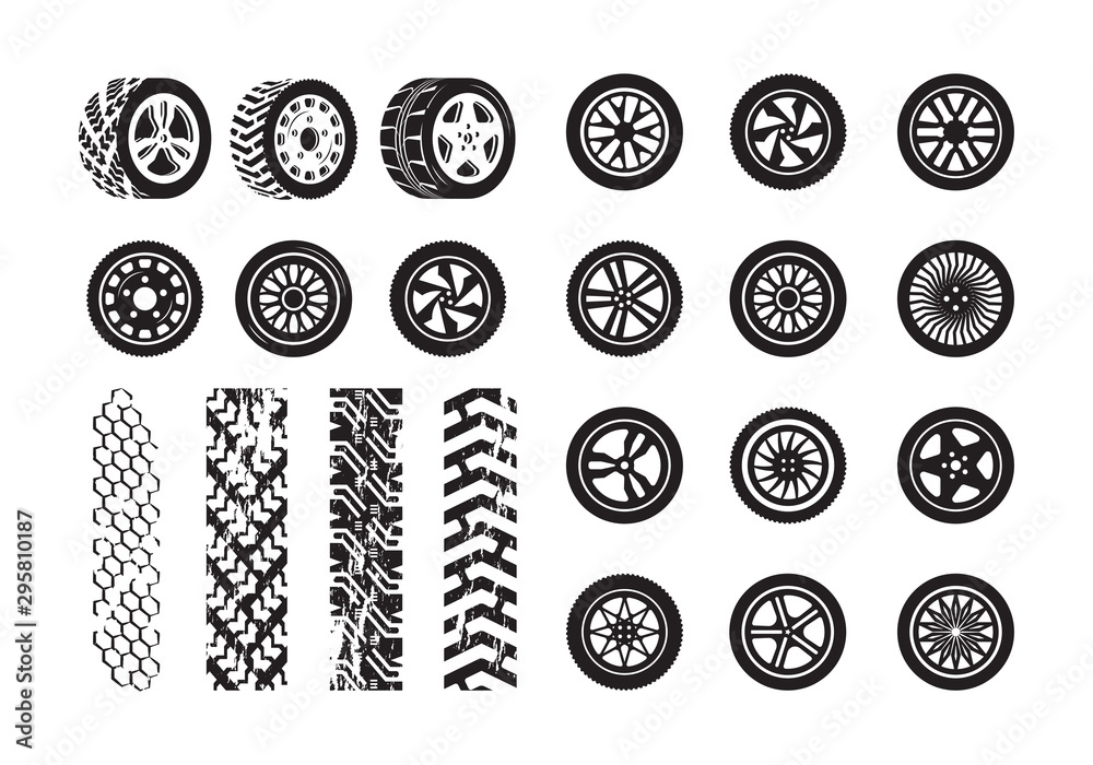 Tire texture. Car wheel rubber tires picture silhouettes vector template. Illustration tire and wheel rubber silhouette car Tire texture. Car wheel rubber tires picture silhouettes vector template. Illustration tire and wheel rubber silhouette car